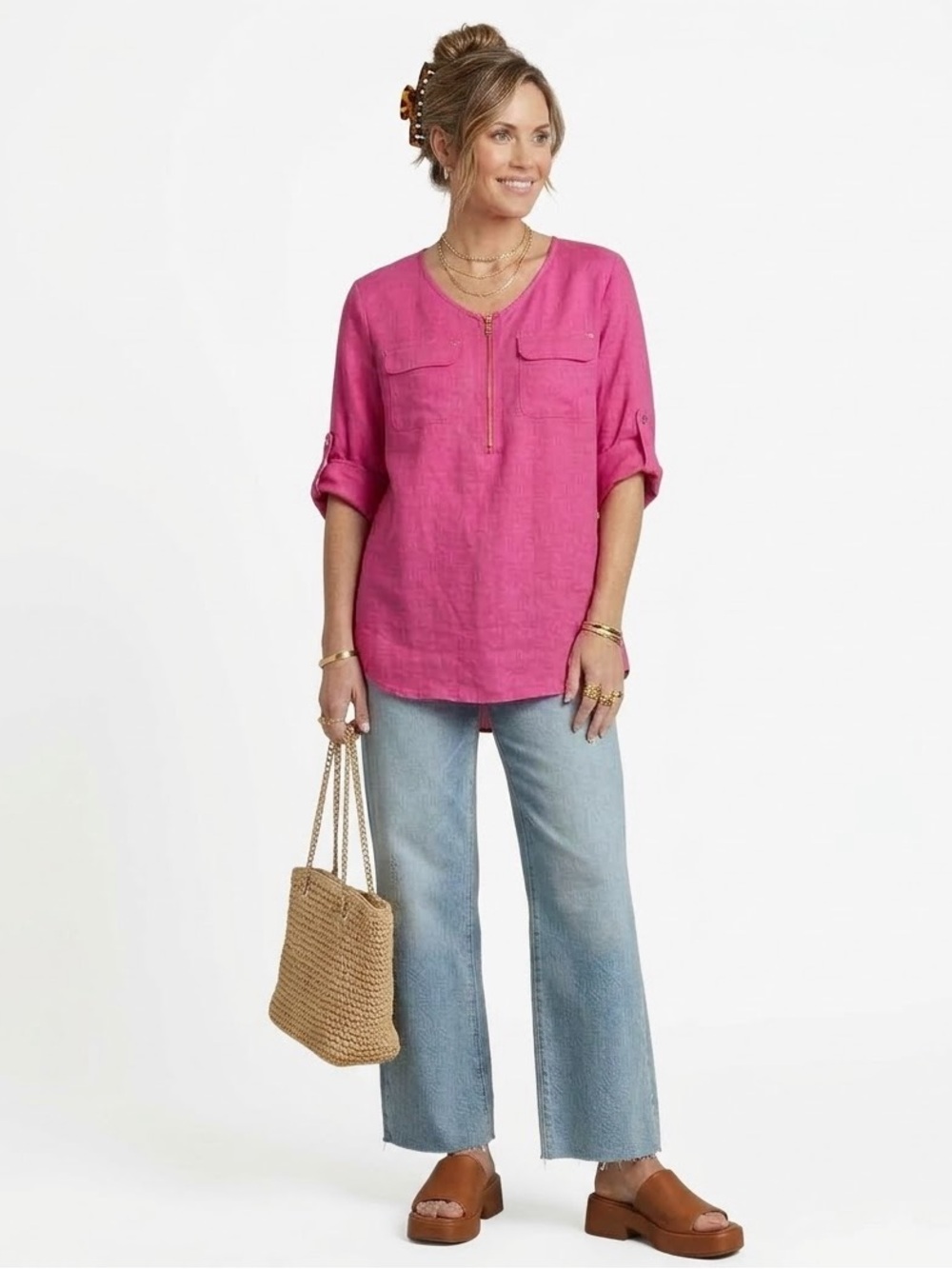 Jones New York Sport 100% Linen Tunic Pink Size Medium Pink Pockets
